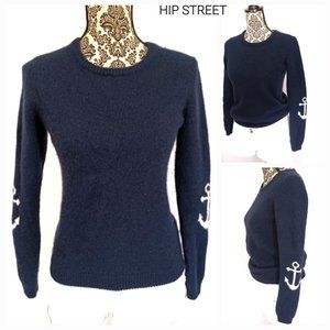 Soft Plush Knit Crew Neck Navy Blue White ANCHORS On Long Sleeve Sweater S